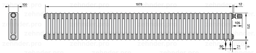 Схема (чертеж) Радиатор Zehnder Charleston 3037/43 №V002 Белый глянцевый RAL 9016